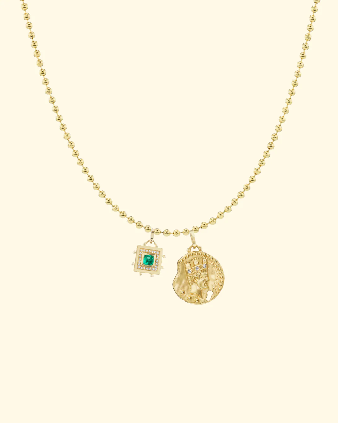 Naval Crown Coin + Square Evil Eye Emerald | 2mm Caviar Chain - ONLINE ONLY