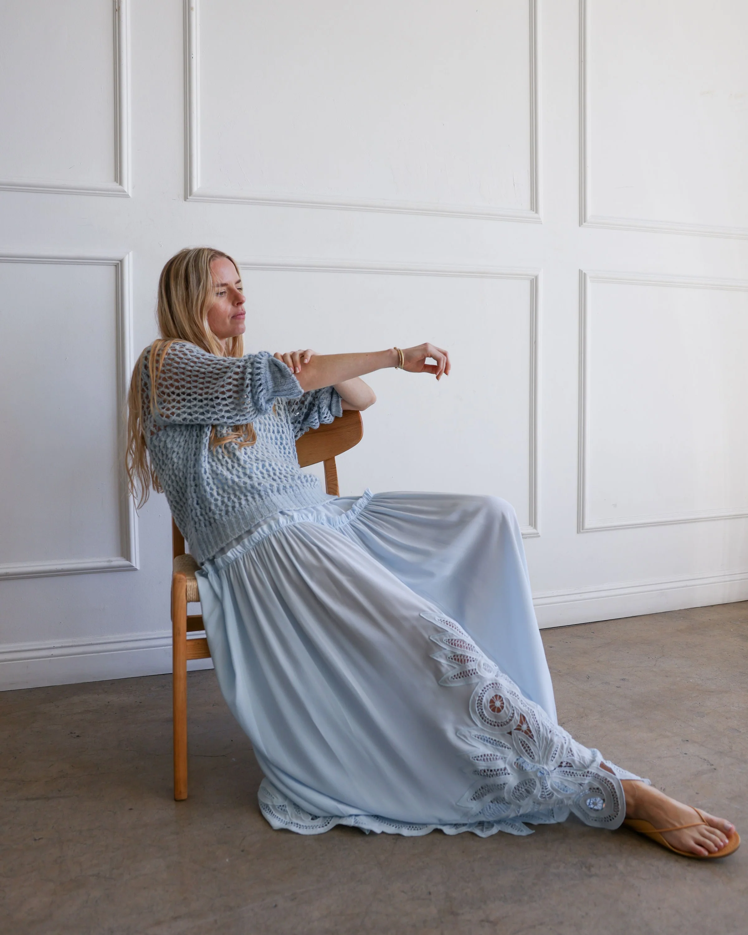 Hand Painted Lace Stitch Pullover | Dusty Blue
