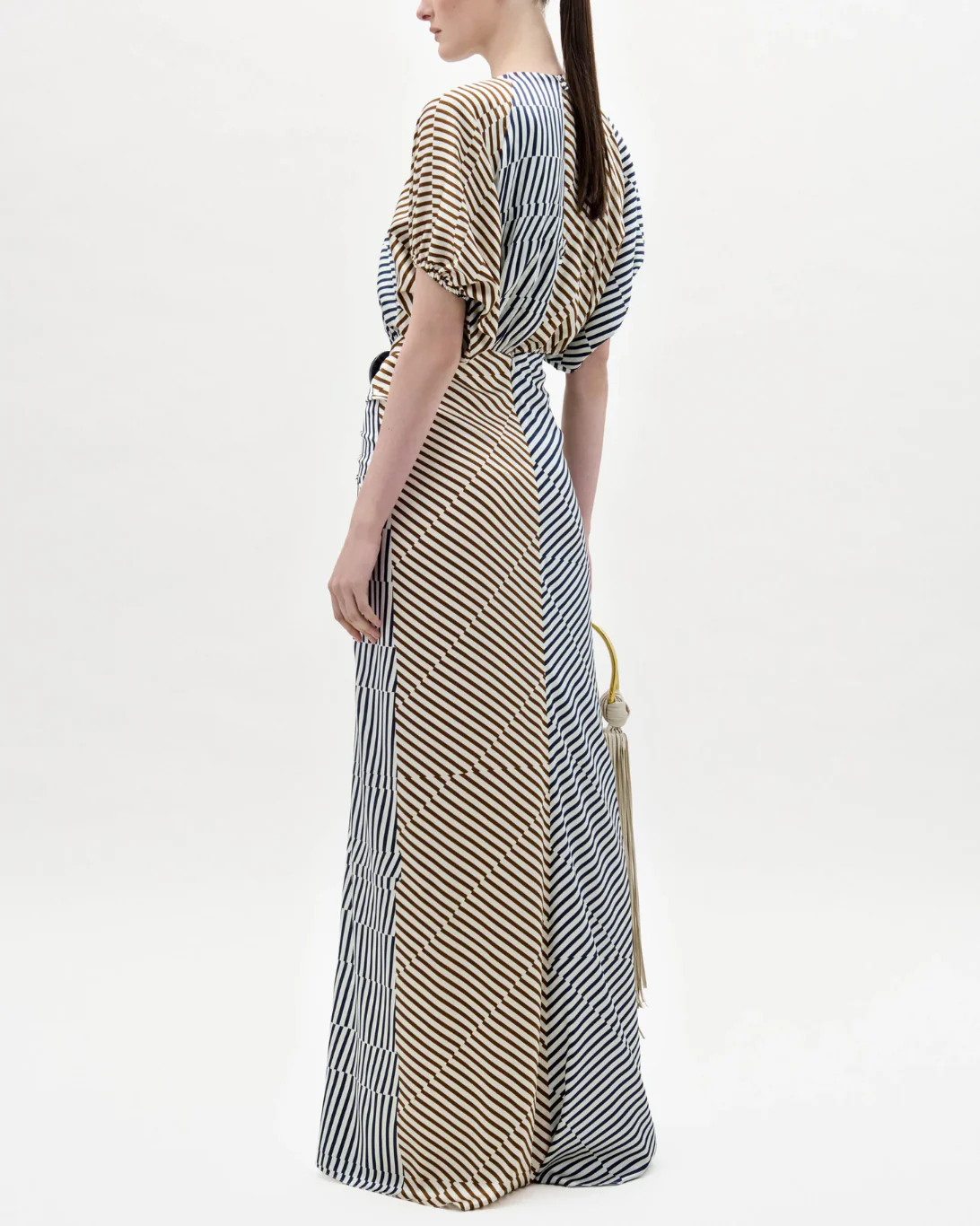 Kala Dress | Navy Brown Multidirectional Stripes - Image 2