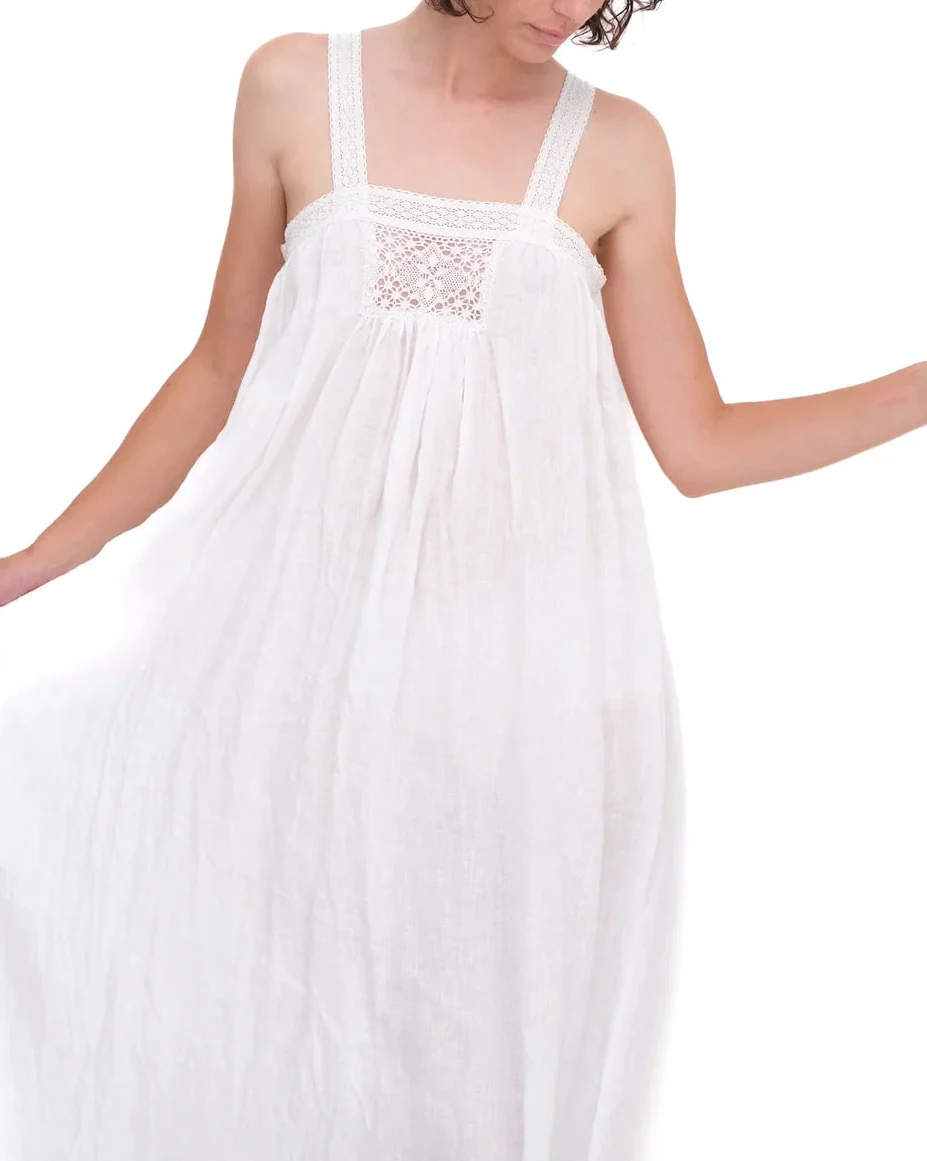 Linen Gathered Slip With Cotton Lace | White - Image 3