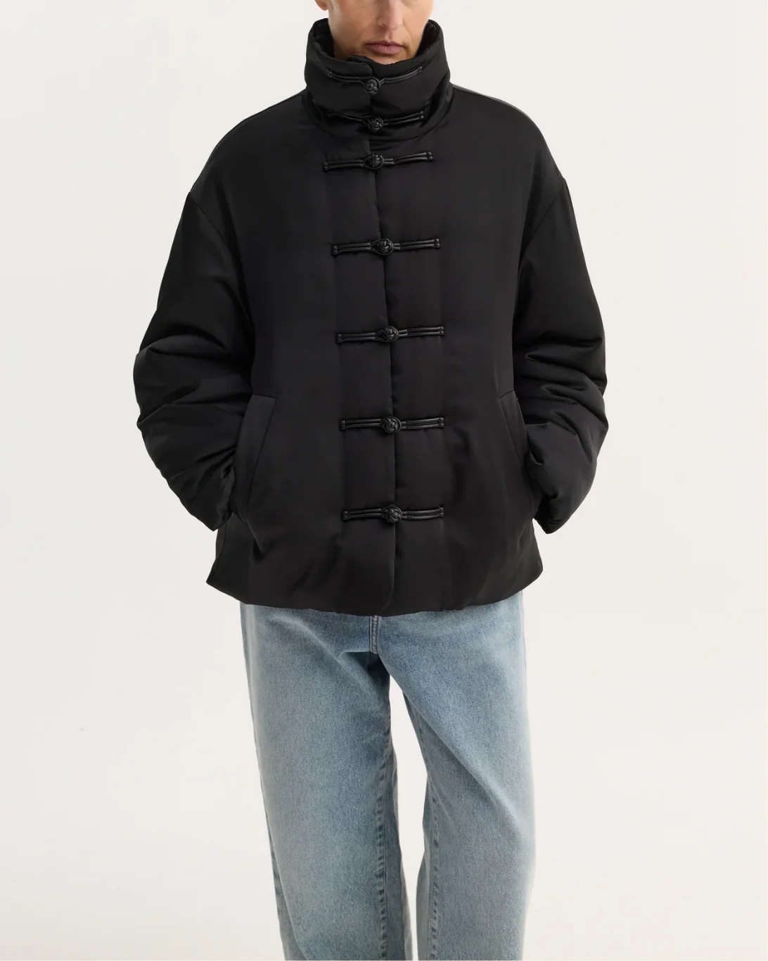 Mandarin Satin Padded Jacket | Black - Image 2