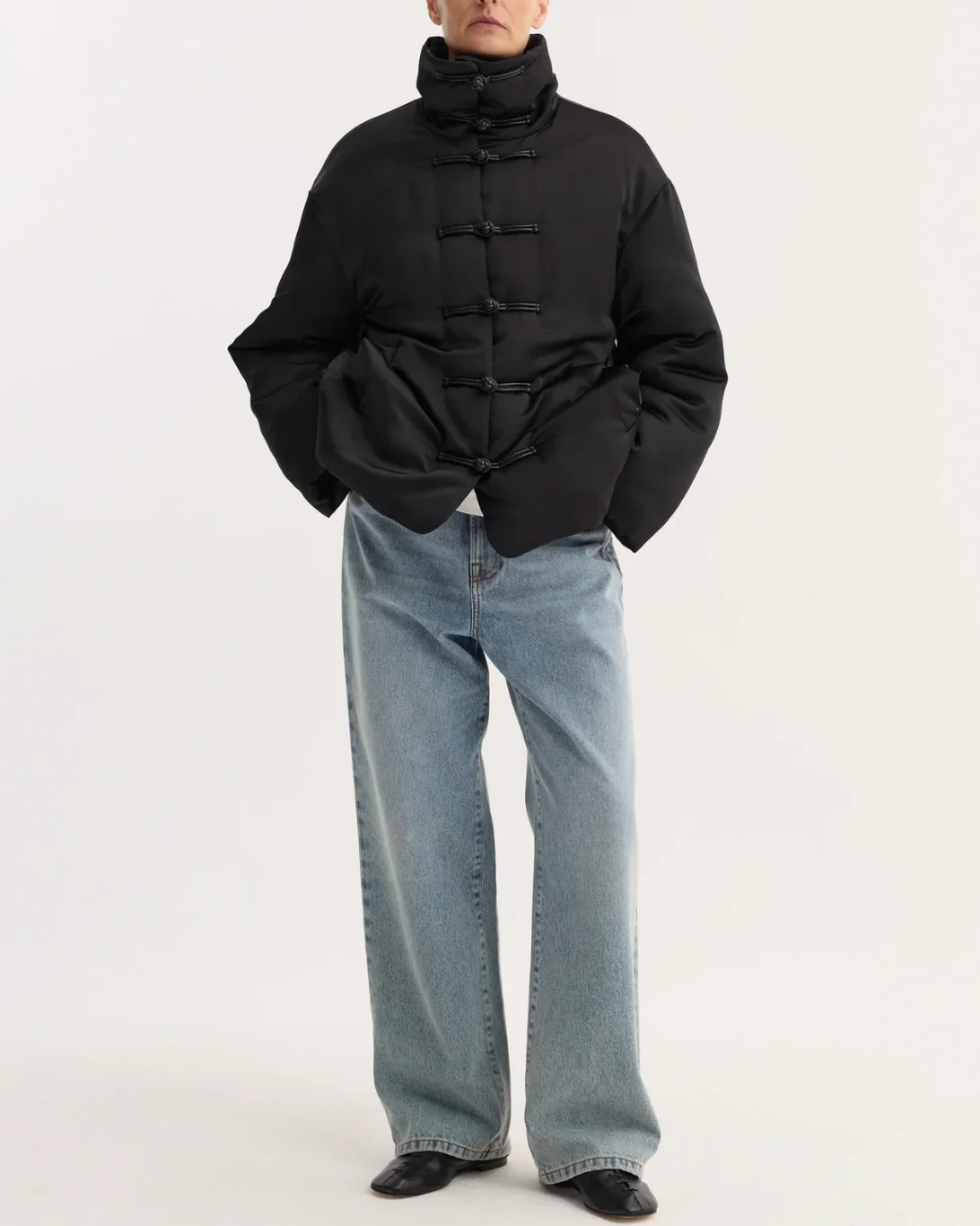 Mandarin Satin Padded Jacket | Black - Image 3