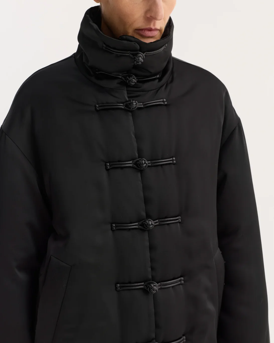 Mandarin Satin Padded Jacket | Black - Image 4