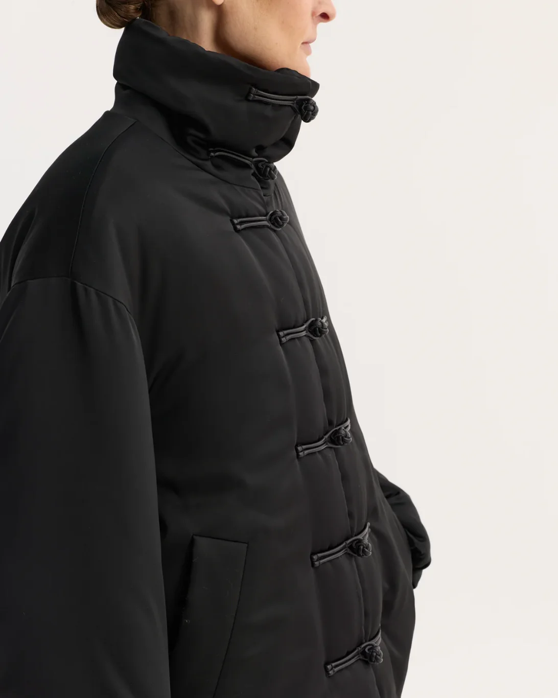 Mandarin Satin Padded Jacket | Black - Image 5