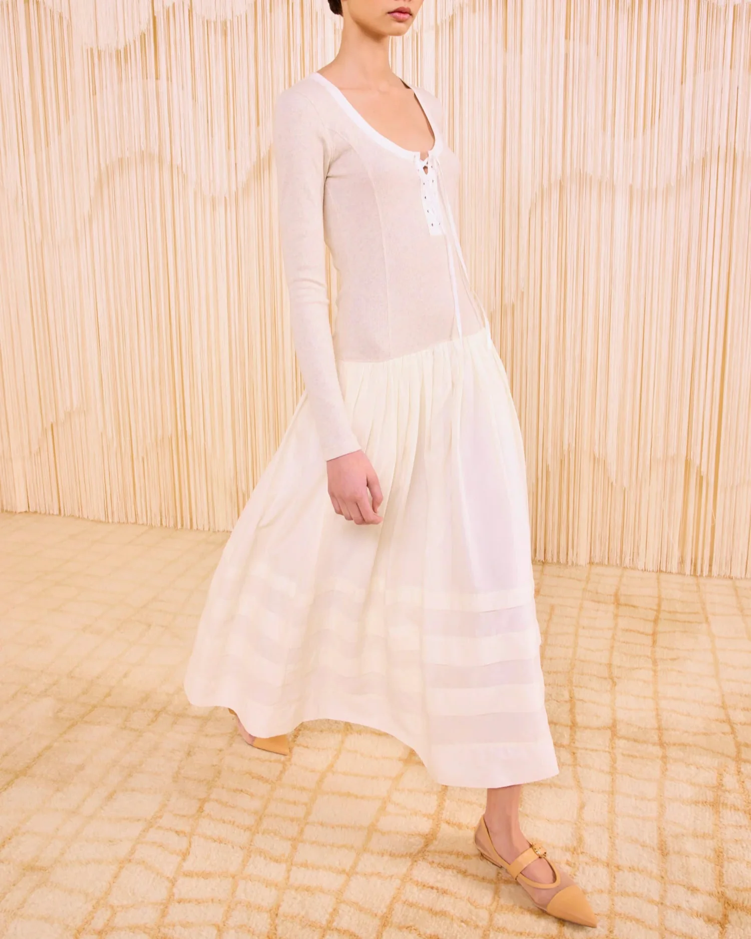 Quincy Drop Waist Long Sleeve Dress | Ivory Melange - Image 3