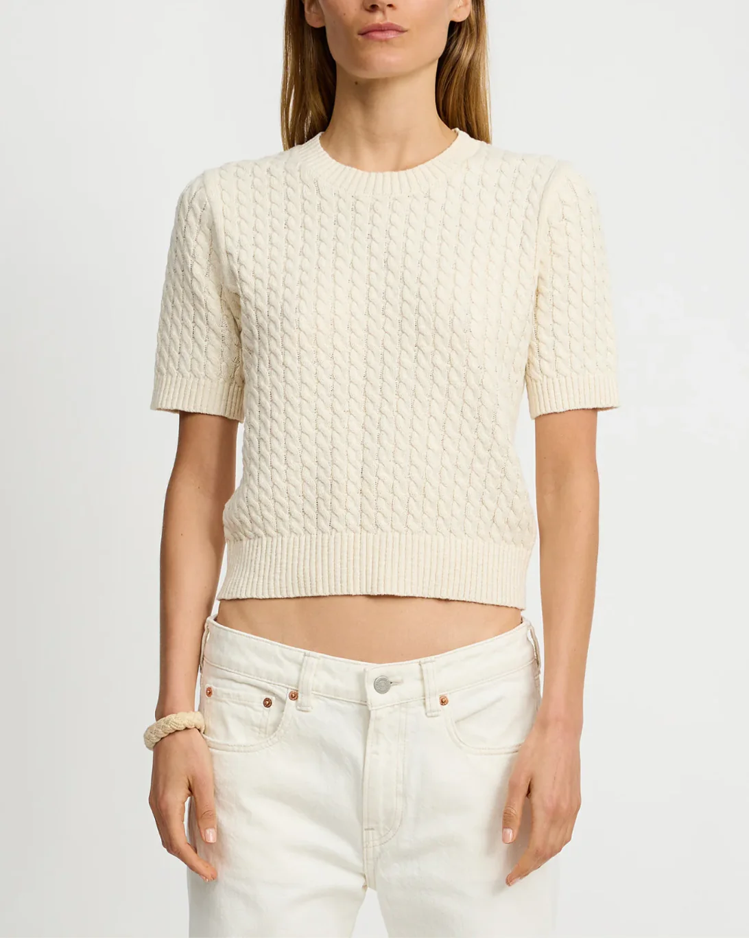 Short Sleeve Cable Crewneck | Cream - Image 3