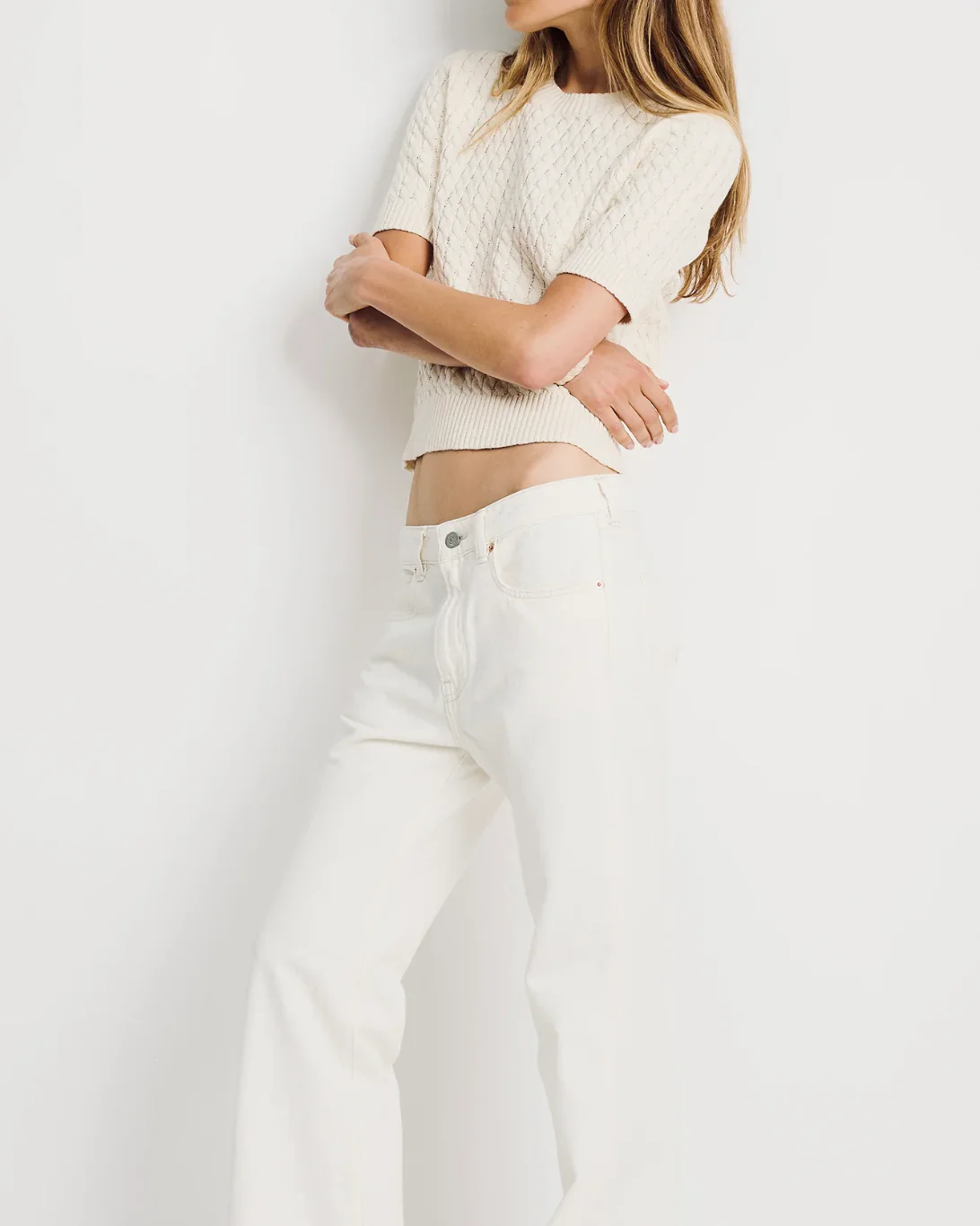 Short Sleeve Cable Crewneck | Cream - Image 4