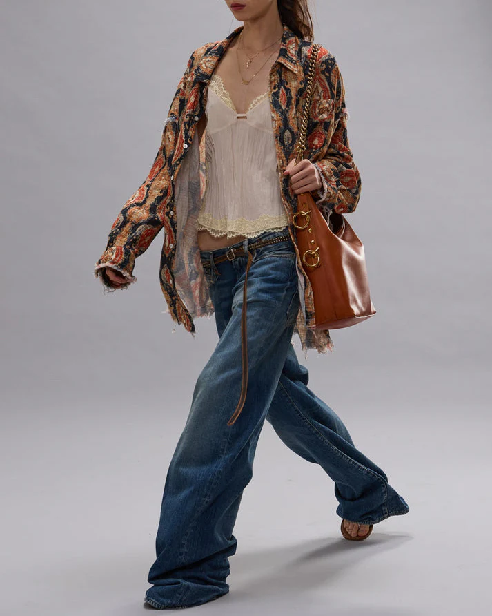 Shredded Seam Drop Neck Shirt | Orange Dark Navy - Image 3