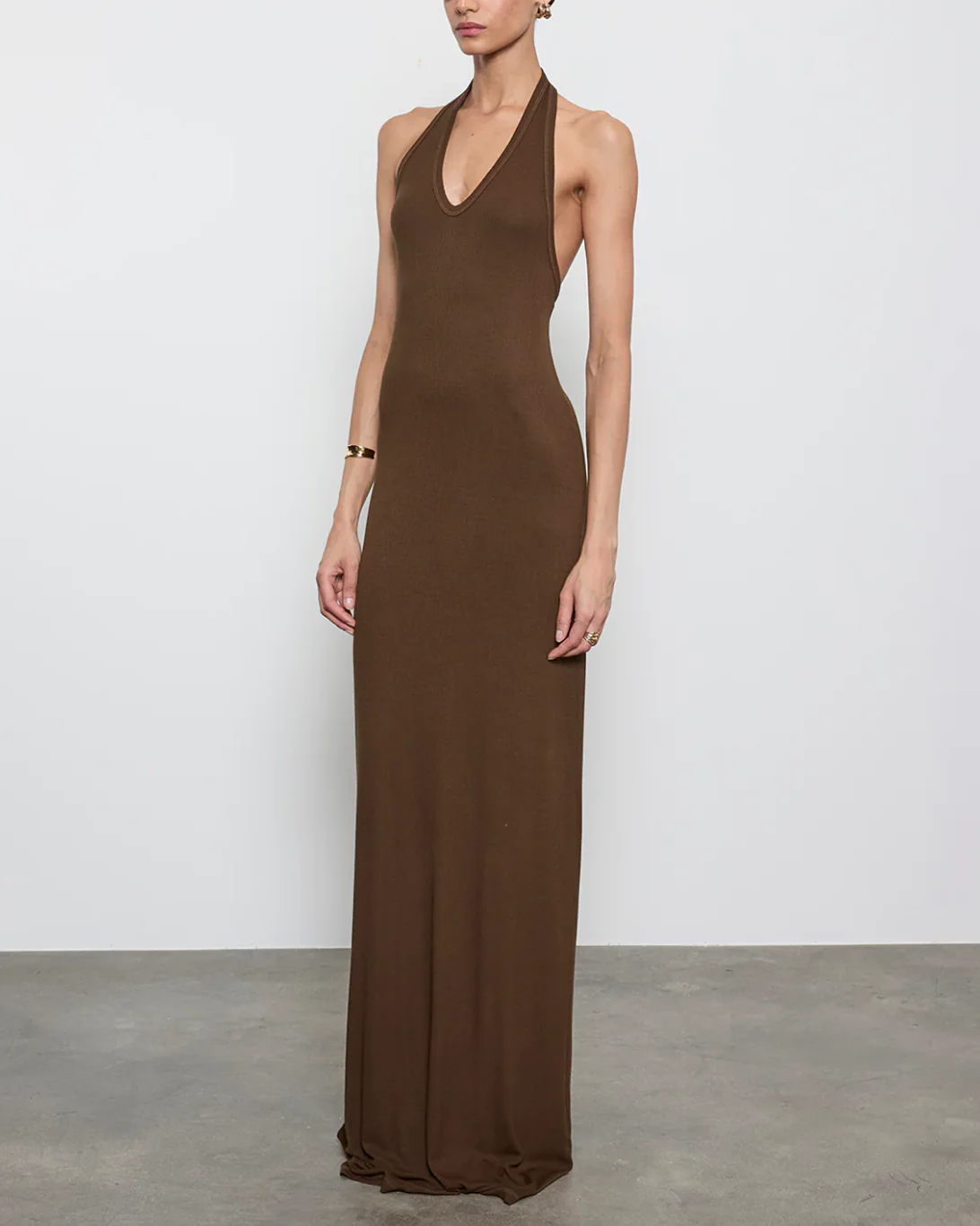 Silk Rib Halter Maxi Dress | Chocolate - Image 3