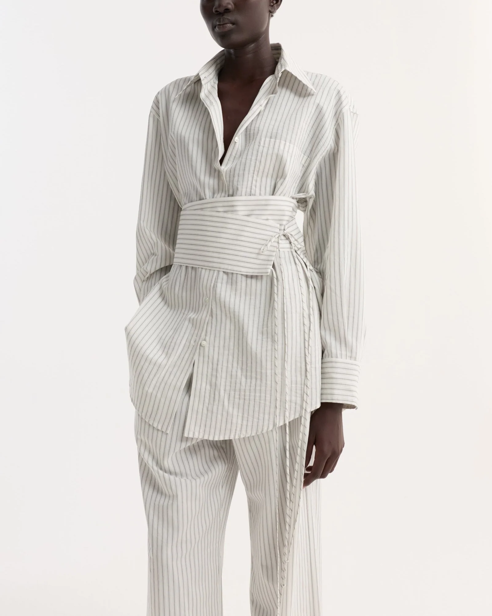 Silk Stripe Belted Shirt | Fine Stripe - Image 2