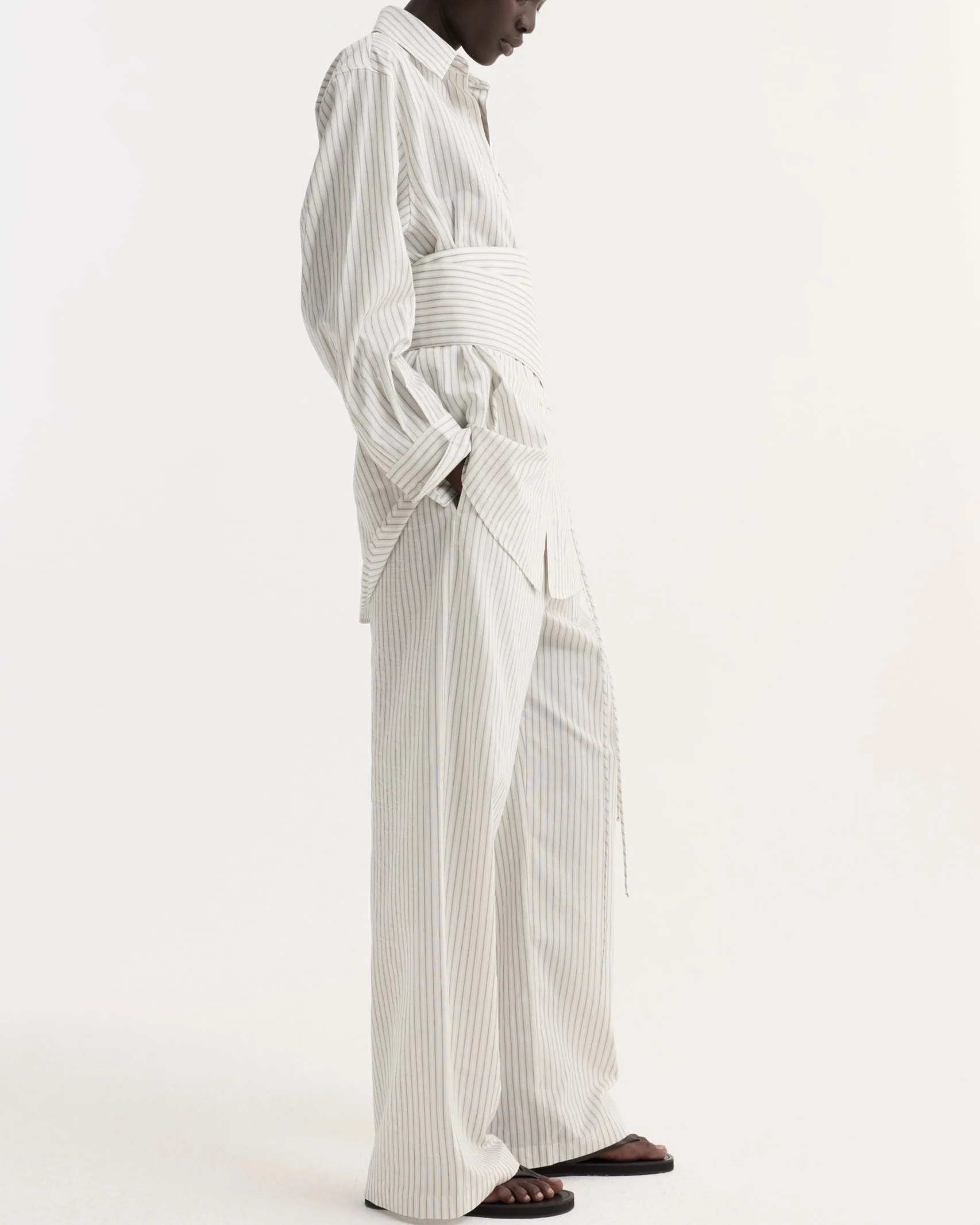 Silk Stripe Belted Shirt | Fine Stripe - Image 4