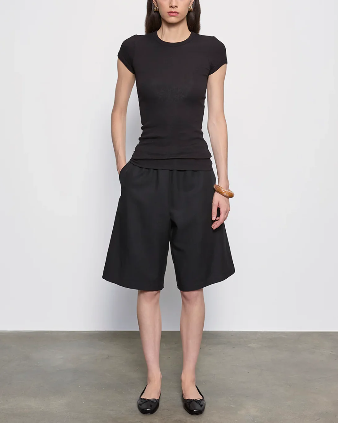 Textured Rib Cap Sleeve Crew | Black
