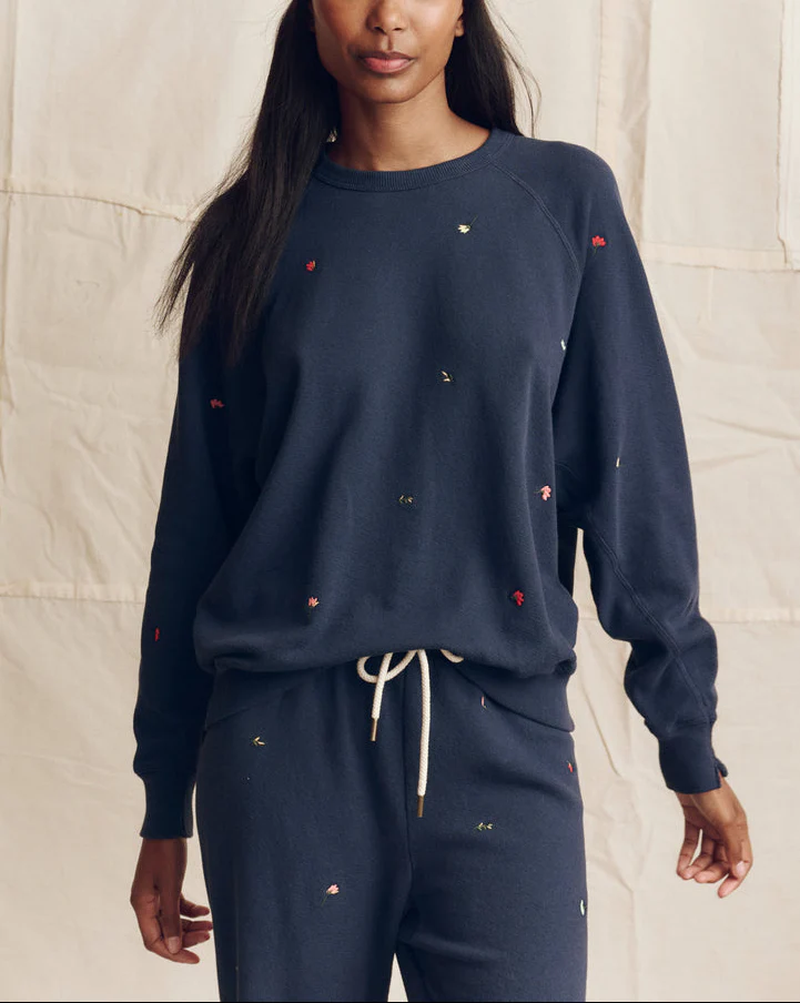 The College Sweatshirt | Navy with Tossed Floral Embroidery