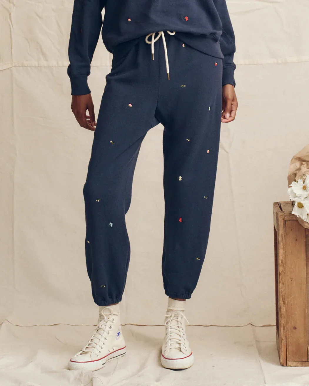 The Stadium Sweatpant | Navy with Tossed Floral Embroidery - Image 2